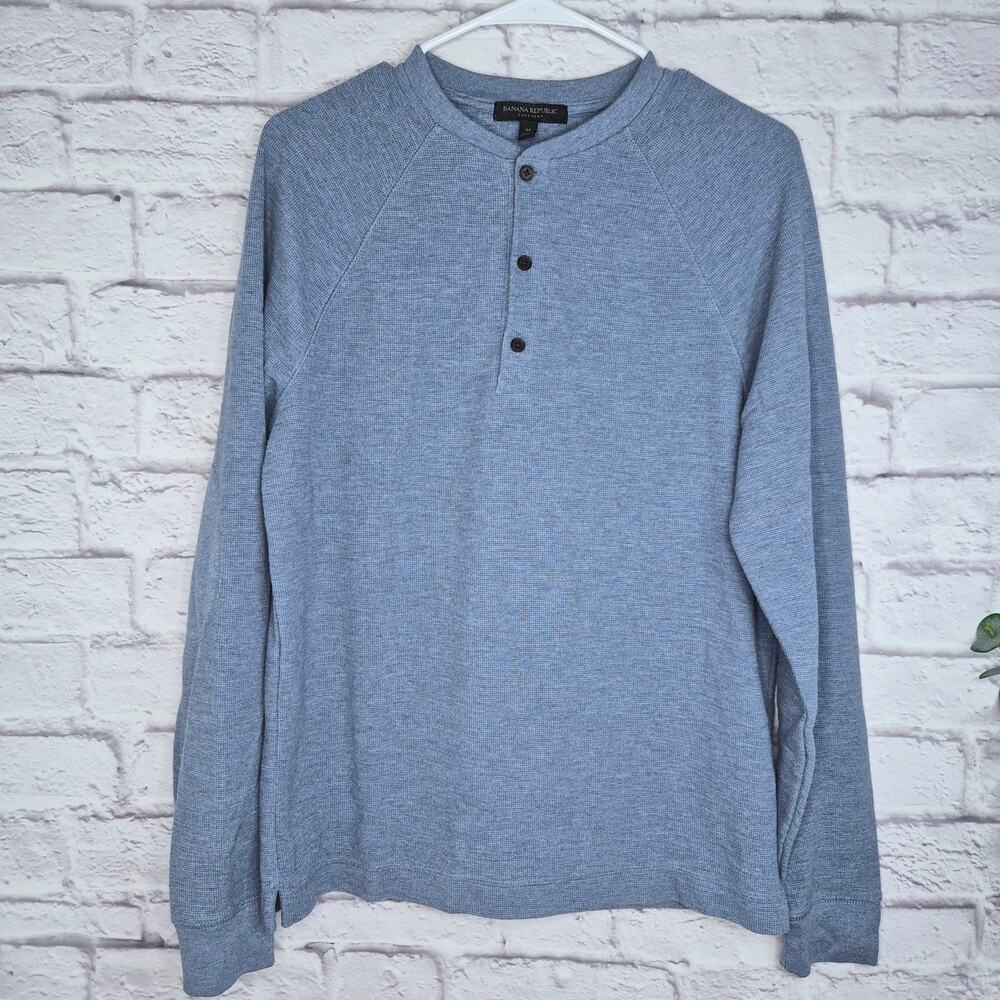 Banana Republic Core Temp Waffle Thermal Henley Shirt M Heather Blue Elbow Patch
